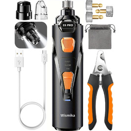 Електрична машинка для підстригання кігтів собак та котів: тиха, з LED-підсвіткою та 2 швидкостями | Перезаряджувана з 3 насадками та аксесуарами | Для безпечного догляду за кігтями