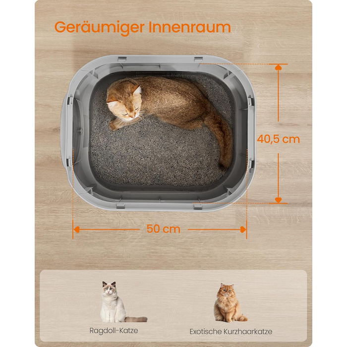 Туалет для котів Feandrea XXL з кришкою, висувним лотком, совком і щіткою, для котів різних розмірів, мінімум слідів, сіро-графітовий