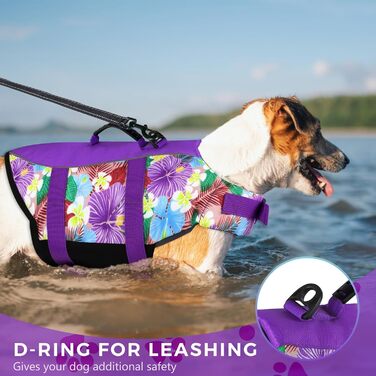 Спасальний жилет для собак Hawaiian Sports Style, жилет для плавання з ручкою, для човнів, для цуценят, великих, середніх та малих собак (Large, квіти + фіолетовий)