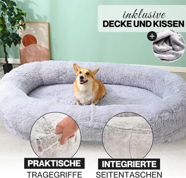 Ліжко для собак Noviclass® XXL 190 см | Ортопедичний матрац з Memory Foam | Зігріваюча ковдра та подушка | Сірий колір | Для великих собак