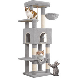 Когтедрашка для котів Hzuaneri, 149 см, з 5 когтеточками, платформами, будиночком, помпонами, сірого кольору MS14918LG