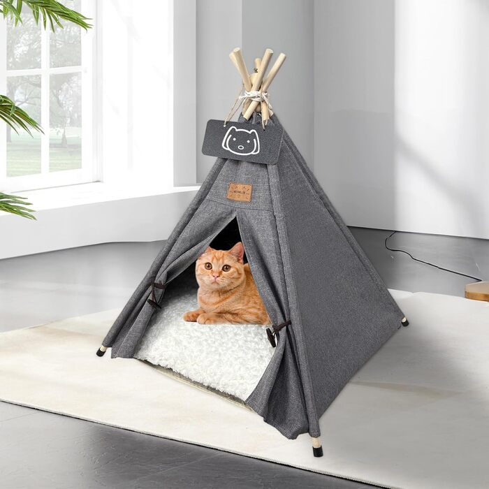 Намет для тварин Tipi: будиночок для собак та котів з м'яким лежаком (60x60x70 см, сірий)