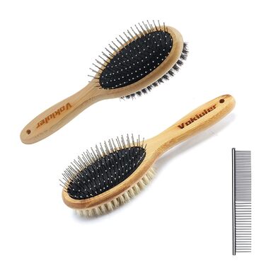 Набір щіток для грумінгу собак та котів (2 шт.) з натуральної щетини дикого кабана, зручна ручка, для довгого та короткого волосся (жовтий/чорний)