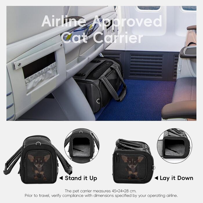 Транспортна переноска для кота/собаки 4 Pet, чорна, з сіткою та захистом, для подорожей літаком та авто