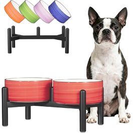 Керамічна годівниця для собак на підставці з нержавіючої сталі - подвійна годівниця для маленьких та середніх собак, неслизький набір мисок для їжі та води, 350г / 660мл, 15см (червона)