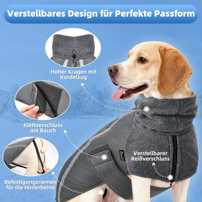 Зимова куртка для собак SlowTon з флісу, з коміром-гетром, світловідбиваючими смугами, регулюванням, водонепроникна та вітронепроникна для цуценят та собак (Сірий, M+)