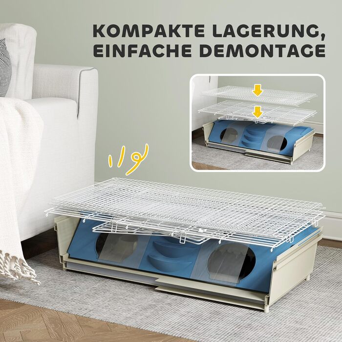 Клітка для дрібних тварин PawHut з вольєром, клітка для кроликів, клітка для дрібних тварин з пляшкою для води, годівницею для сіна, рампою, коліщатками. Підходить для морських свинок та їжаків. Білий колір.