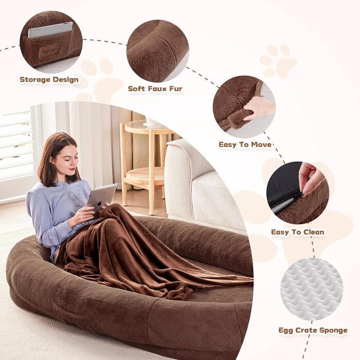 Людина-собака: велике ліжко-мішок для дорослих, 180x122x25 см, з ковдрою, знімний матрац з memory foam, овальне ліжко