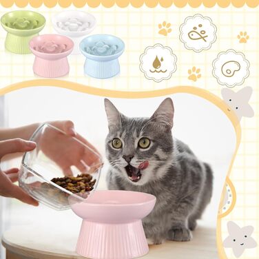 Підвищені миски для котів Layhit з кераміки, проти блювоти, повільне годування, для сухого та вологого корму, кошенята, 2 шт. (рожевий / білий)