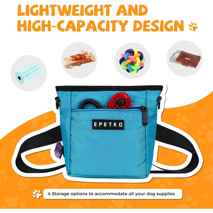 Сумка для ласощів для собак великого об'єму, багатофункціональна, для прогулянок на плечі, з міцним магнітним закриттям, регульований знімний ремінь, сумка для корму для собак (Блакитна)