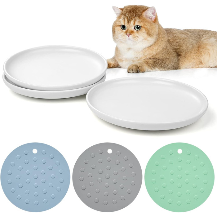 Керамічні годівниці для котів, набір 3 шт. з антиковзними килимками, широкі та плоскі миски для котів та кошенят, білий колір