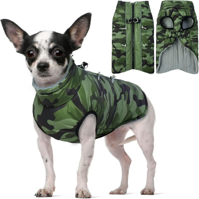 Водонепроникний теплий зимовий одяг для собак, куртка для собак з отвором для шлейки, для малих, середніх та великих собак, вітрозахисний, з світловідбиваючими смугами, застібка-блискавка, армійський камуфляж (S)