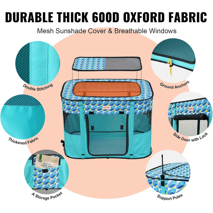 Клітка для цуценят VEVOR, розкладний вольєр для собак, 812 x 609 x 558 мм, з мискою, 600D Oxford, для малих та середніх тварин