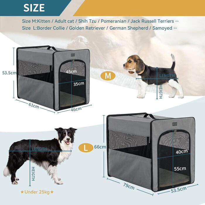 Складана переноска для собак Petsfit з плюшевим матрацом 3 см, портативний контейнер для середніх собак, для подорожей, сірий, розмір M 61x46x53.5 см