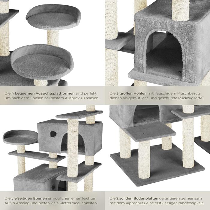 Дерево для котів Tectake® велике, з аксесуарами, XXL, 4 будиночки, ігровий комплекс, стовпчик для дряпання з сизалю, сірий | 403920