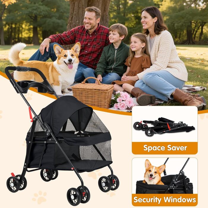 Дитяча коляска для тварин з 4 колесами, легка та складана, до 7,5 кг, з тримачем для напоїв