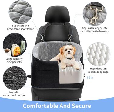 Автокрісло для собак - оновлена версія, Memory Foam, сірий колір, для малих та середніх собак до 15,9 кг, з безпечною шнуркою, знімне та миється