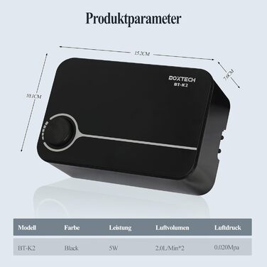 Boxtech акваріумний повітряний насос з регулюванням, подвійний вихід, 5 Вт, 2 л/хв, для акваріумів 10-150 галонів
