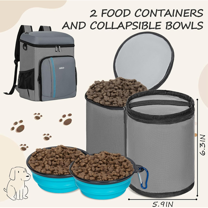 ANILD Рюкзак для собак, сумка для подорожей з TSA, 2 миски, органайзер для собак, для походів, кемпінгу