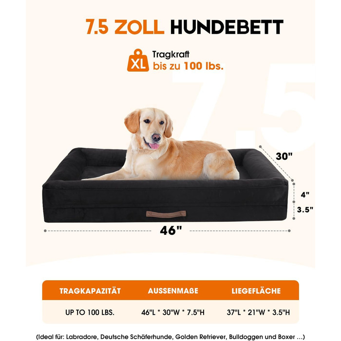 Ортопедичне ліжко для собак XL, корзина для собак, що стирається, з яєцеподібною піною, водонепроникний диван для собак з неслизьким дном та чотиристоронньою подушкою (Чорний, 117x76x19cm)