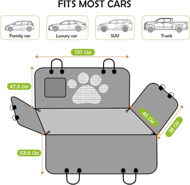 Захисна підстилка для собак у машину ALLSOPETS – водовідштовхувальна, неслизька, з сіткою, ременями безпеки та кишенькою для авто, SUV, вантажівка (антрацит, чорний)