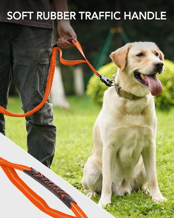 Тактична повідок для собак Joytale, 1.2м-1.8м, еластична (bungee), з 2 м'якими ручками, автофіксатор, без натягу для собак середніх, великих та екстра-великих порід, помаранчевий колір