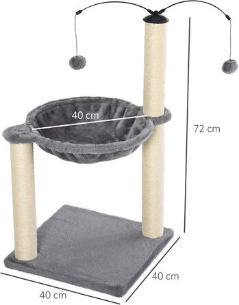 Дерево для котів PawHut з гамаком, когтеточкою та іграшкою, сірого кольору, 40x40x72 см