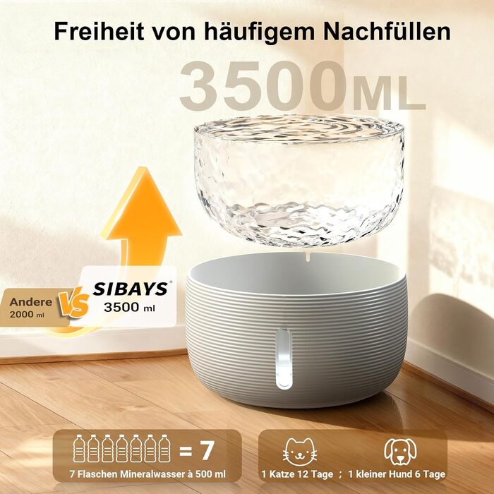 Фонтан-поїлка для котів та собак SIBAYS 3.5л, ультратихий (25дБ) з LED-індикатором та 2 вугільними фільтрами, BPA-free, сірий (FS77 WH)