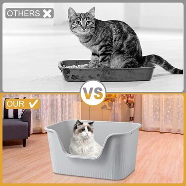 Відкритий лоток для котів Duscdesp, великий 64x45x33 см, без кришки, з високим бортиком, сірий, для великих котів та кошенят, захист від розбризкування