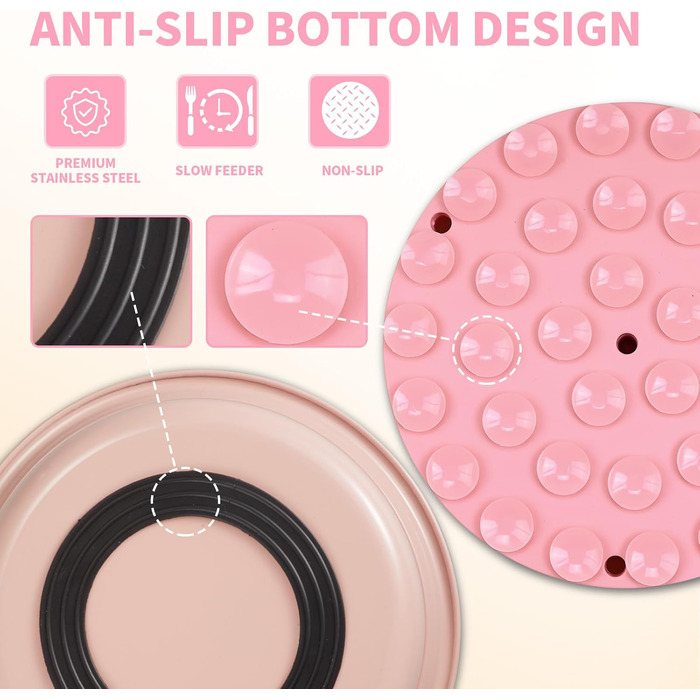 Миска для собак 2 в 1 з уповільненим годуванням, Bestalk, нержавіюча сталь, силіконовий вкладиш, 304, антиковзаюче дно, рожева, для маленьких, середніх та великих собак