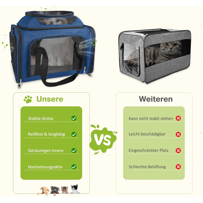 Транспортна сумка для кота/собаки TOFFCAEA, переноска для тварин, складана, 6 кг, для середніх собак та котів (Блакитний, 43 x 28 x 28 см)