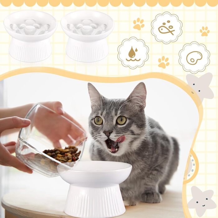 Підвищені миски для котів Layhit з кераміки, проти блювоти, повільне годування, для сухого та вологого корму, кошенята, для дому, 2 шт (Білий/розкішний сад)