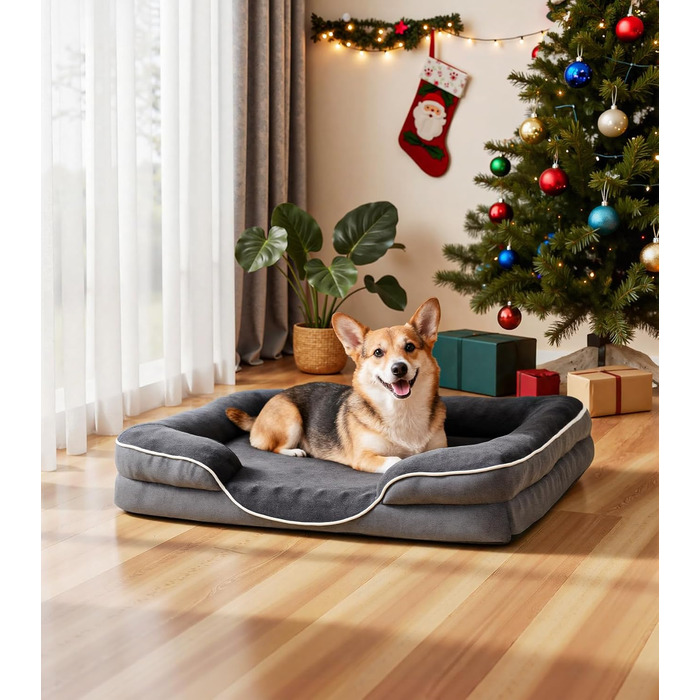 Ортопедичне ліжко для собак великого розміру, м'яке плюшеве, з антиковзною основою, для собак та котів, сіре, 89x63x16 см, знімний чохол