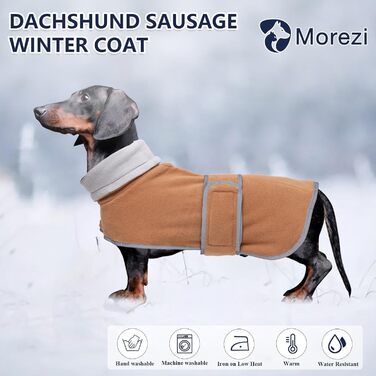 MOREZI Зимова куртка для собак, утеплена, з регульованим кріпленням на липучці та відкидним коміром. Підходить для такс та собак середніх розмірів, коричнева, розмір S (довжина спини: 36-38 см)