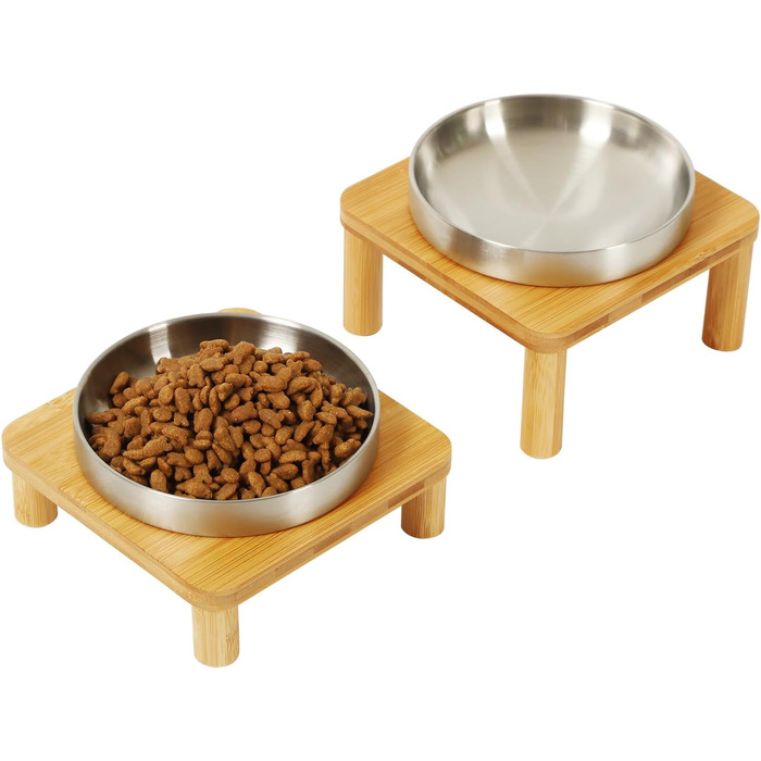 Підвищені миски для котів для дому – Підвищений підставник для мисок з бамбука з нержавіючою мискою 14 см, стільниця для зручного годування, зручні для вусів (сріблясті, 2 шт.)