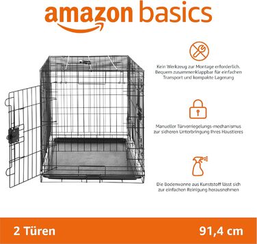 Складана металева клітка для собак Amazon Basics з піддоном, подвійними дверима, чорна, 91x58x64 см