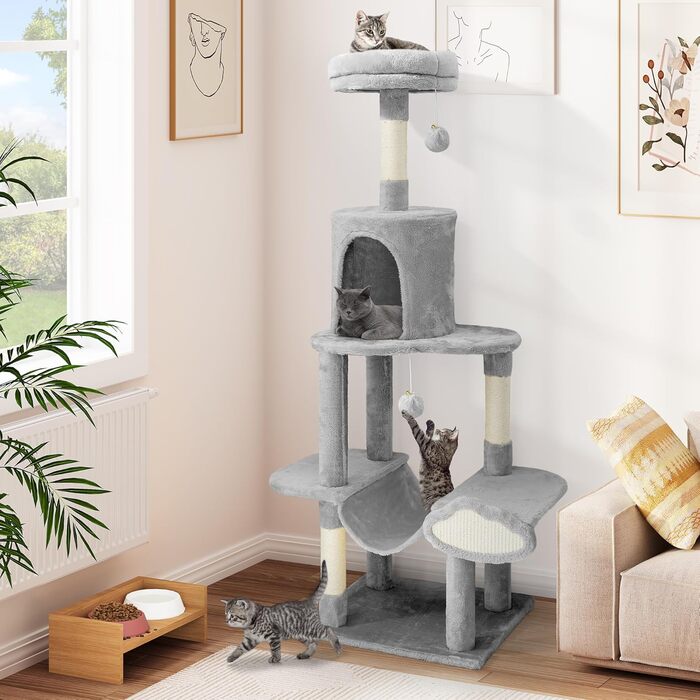 Кігтеточка YITAHOME XXL для котів, 142 см, сірий, з 8 стовпів з сизалю, 3 платформи, 2 печери, гамак, іграшки, кігтешкребок, крізьбаум