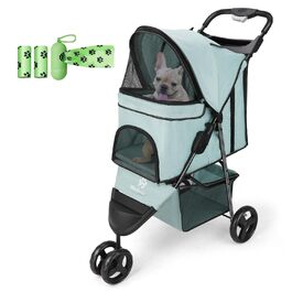 Дитяча коляска для тварин, складана, для котів/собак, з кошиком для зберігання та тримачем для напоїв, 3 колеса, для собак та котів, для маленьких або середніх собак, котів, цуценят (Блакитно-зелений)