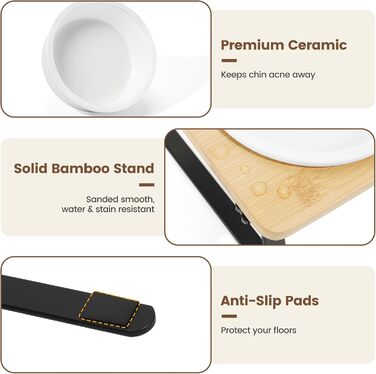 Набір мисок для котів PETTOM Anti-Schling з кераміки: піднята миска з нахилом 15°, бамбукова підставка, протиковзаюча, для вологого та сухого корму