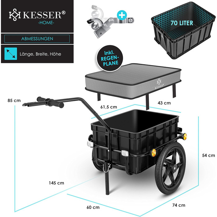 Причіп для велосипеда KESSER®: вантажний, ручний, з кутом нахилу, об'ємом 70 літрів (2 ящики пива) + аксесуари, 26-28 дюймів (сірий)