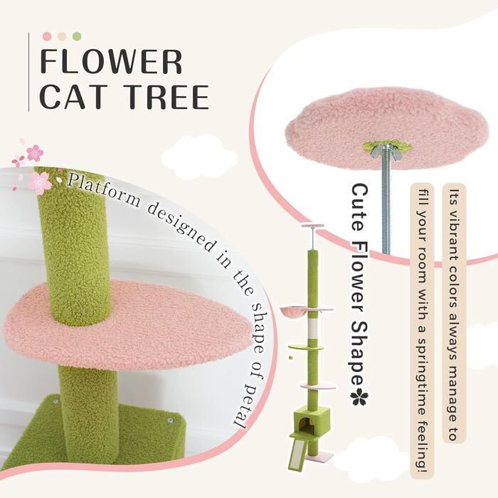 PAWZ Road Блум Котячий комплекс до стелі, регульований 216-273 см, з гамаками, будиночком і антистрічкою, рожевий