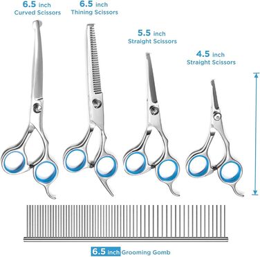 Набір професійних ножиць для собак з безпечними округлими кінчиками, нержавіюча сталь. Ножиці для грумінгу та догляду за шерстю собак та котів. Синій колір.