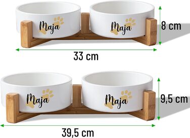 Керамічний подвійний набір мисок з іменем або текстом на замовлення для собак та котів 'Дві маленькі лапки' - персоналізований набір мисок з/без підставки | Миска для собак, годівниця, миска для котів | Годівниця (2x500мл, підставка)