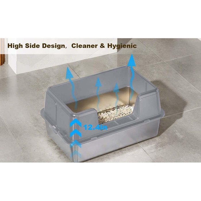 Котлован для котів Zstar Edelstahl, великий, з високими бортиками, знімний, легко миється, з кришкою, 60x40x36.5 см, сірий