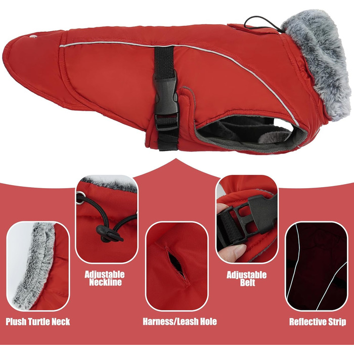 Зимовий теплий плащ для великих собак - вітронепроникний, світловідбиваючий, з регульованим коміром та кнопками, водовідштовхуюча флісова жилетка для Golden Red S