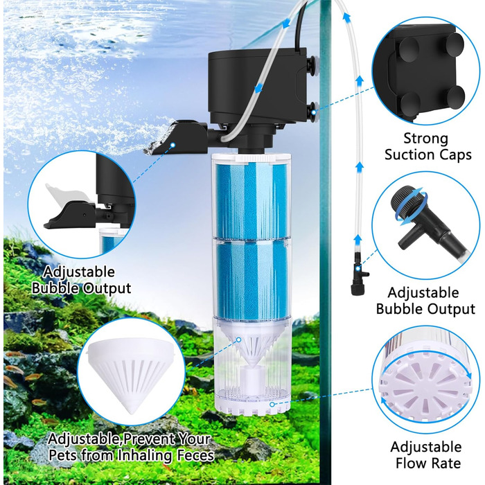 Акваріумний фільтр Fishkeeper 10W, 570 л/год: внутрішній фільтр з регулюванням потоку, 4-в-1, тихий, для акваріумів 60-300 л, легко миється