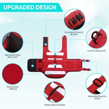 Жилет рятувальний для собак, маленький, ASENKU. Червоний, для такс, чихуахуа, французького бульдога, лабрадора. Регульований, з ручкою для безпеки.