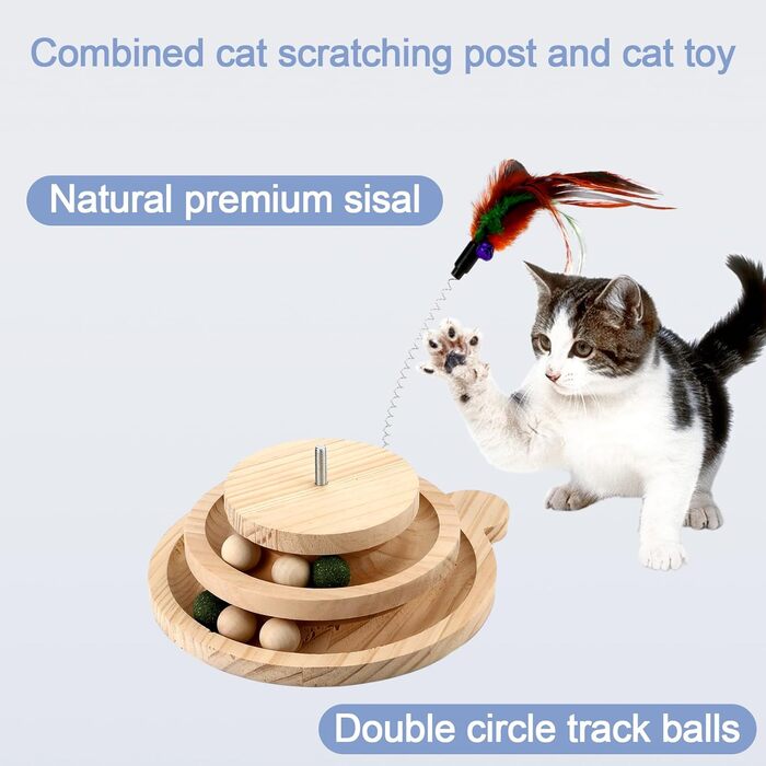 Інтерактивна іграшка для котів з дерева Roller 4 в 1: обертовий столик, когтеточка, кішка з кульками. Підходить для котів середніх та маленьких порід