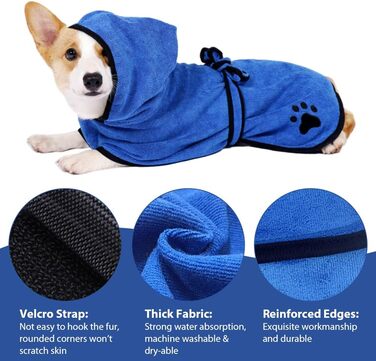 Рушник для собак з капюшоном, вбираючий рушник для сушіння після купання, підходить для собак та котів усіх порід, розмір L (блакитний)