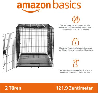 Складана металева клітка для собак Amazon Basics, чорна, з подвійними дверима та піддоном, 122×76×83 см
